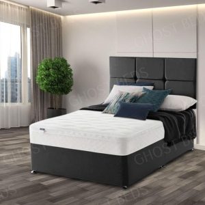 GHOST BEDS Six Box Faygo Divan Bed set With 10" Ortho mattress and Matching Headboard (Black, 4ft Small Double)