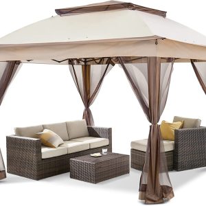 Cool Spot 11×11 Pop-Up Instant Gazebo Tent with Mosquito Netting Outdoor Canopy Shelter with 121 Square Feet of Shade by COOS BAY (Beige)